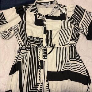 Nine West Black and White Striped Collared Blouse